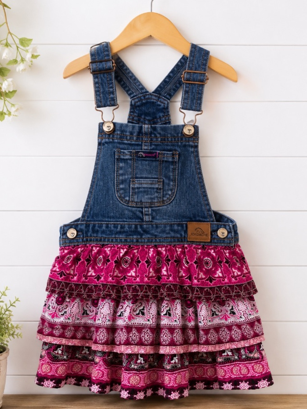 Adorable Denim Bib Ruffle Skirt Dress - Pink Size 3
